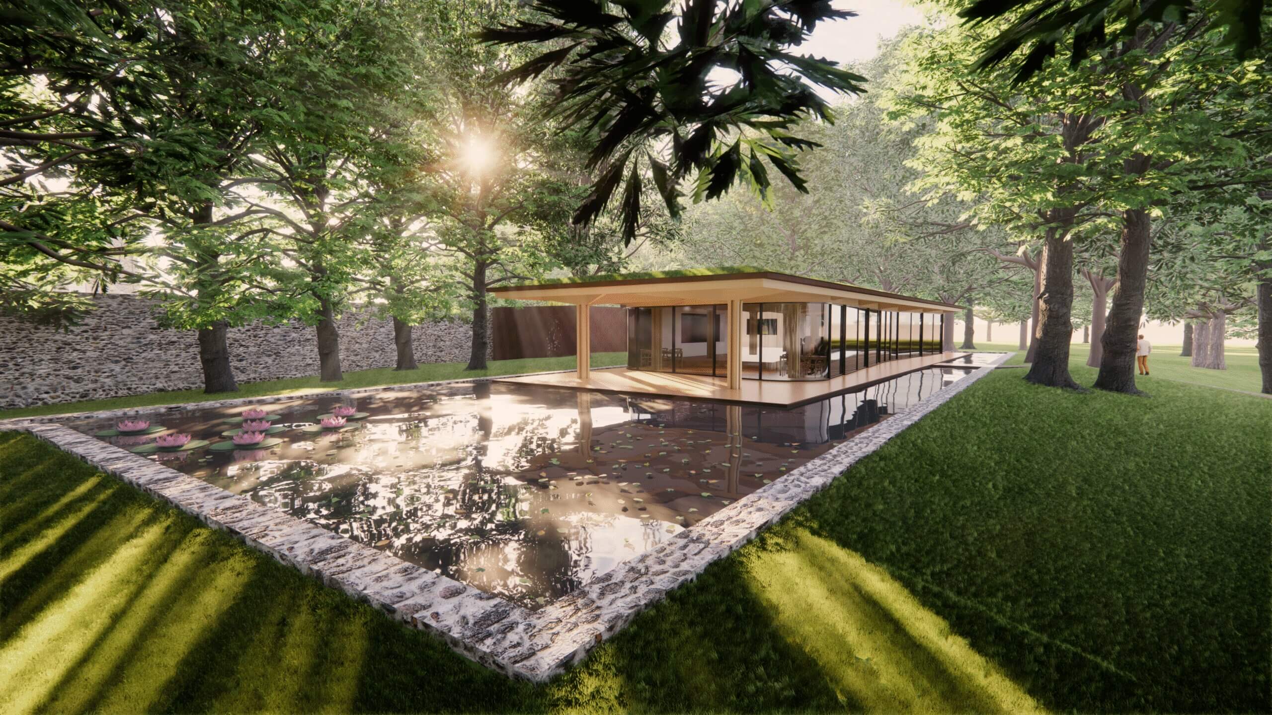 Heritage restaurant design for Galgorm Castle: glazed timber pavilion with green roof set among mature trees