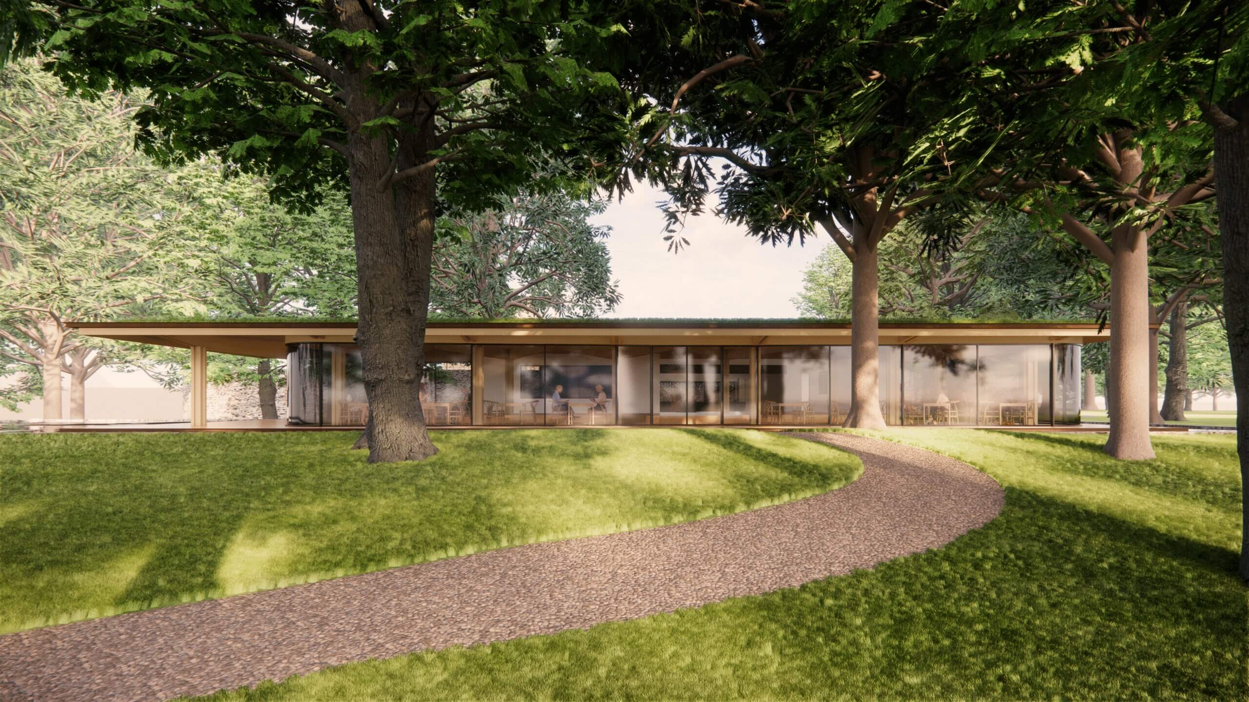 Heritage restaurant design for Galgorm Castle: glazed timber pavilion with green roof set among mature trees