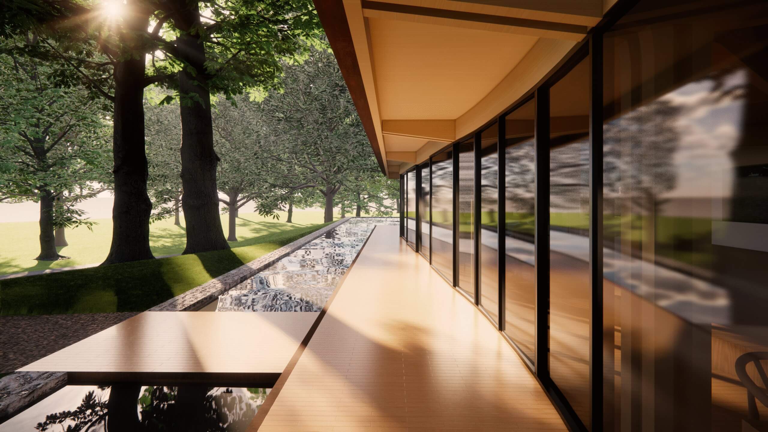 Heritage restaurant design for Galgorm Castle- Exterior CGI of glazed restaurant pavilion with timber deck beside the pond.